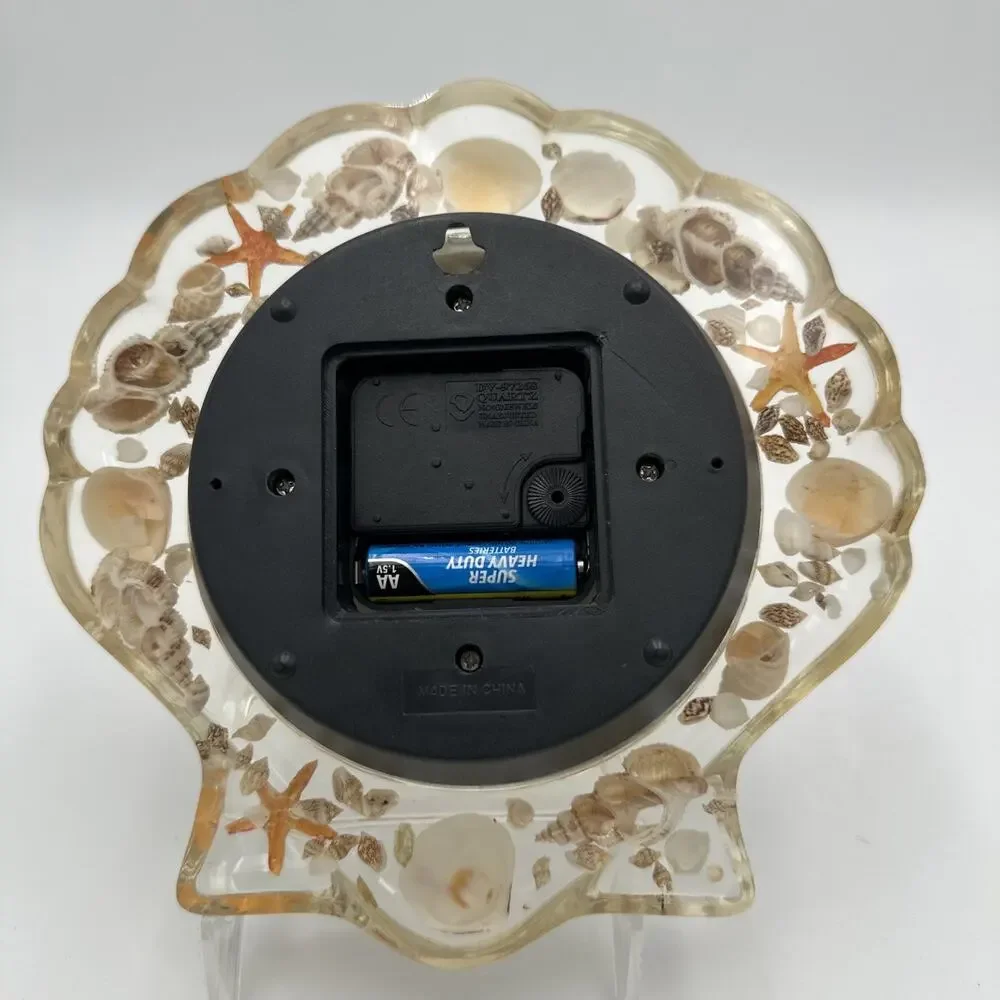 Shell Shaped Lucite Clock Embedded Seashell Wall Hanging Paradise Place